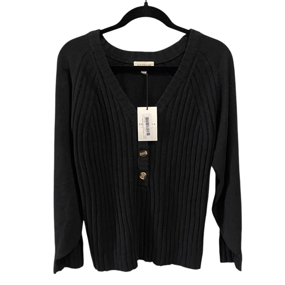 Women’s promesa v neck button down‎ sweater black size Large boxEO